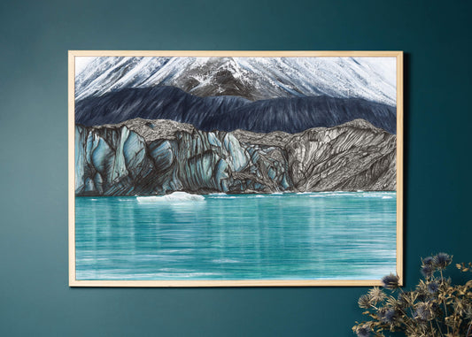 Original art, titled Fragment, by Australian artist, Hayley Byron, created in graphite, watercolour and gouache on fine art paper. The drawing is a depiction of the Tasman Glacier and icebergs. This image features the artwork in-situ, on a wall in an interior living room.