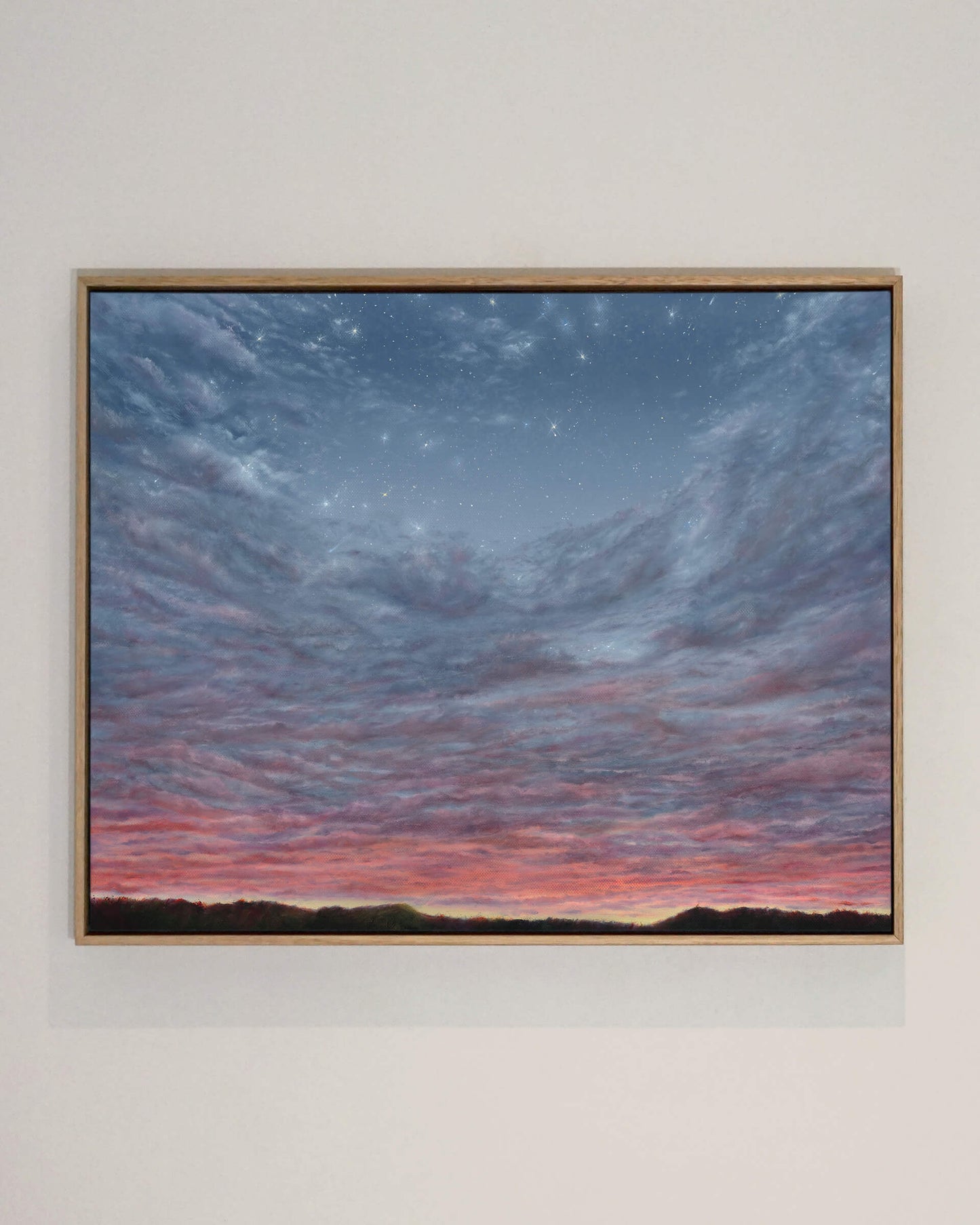 Original art, titled Portal, painted in oil on canvas, by Australian artist, Hayley Byron. The painting is a depiction of a landscape and an evening sky, in Rosalie, Brisbane. This image features the artwork in a custom-made frame.