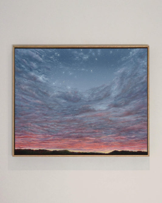 Original art, titled Portal, painted in oil on canvas, by Australian artist, Hayley Byron. The painting is a depiction of a landscape and an evening sky, in Rosalie, Brisbane. This image features the artwork in a custom-made frame.