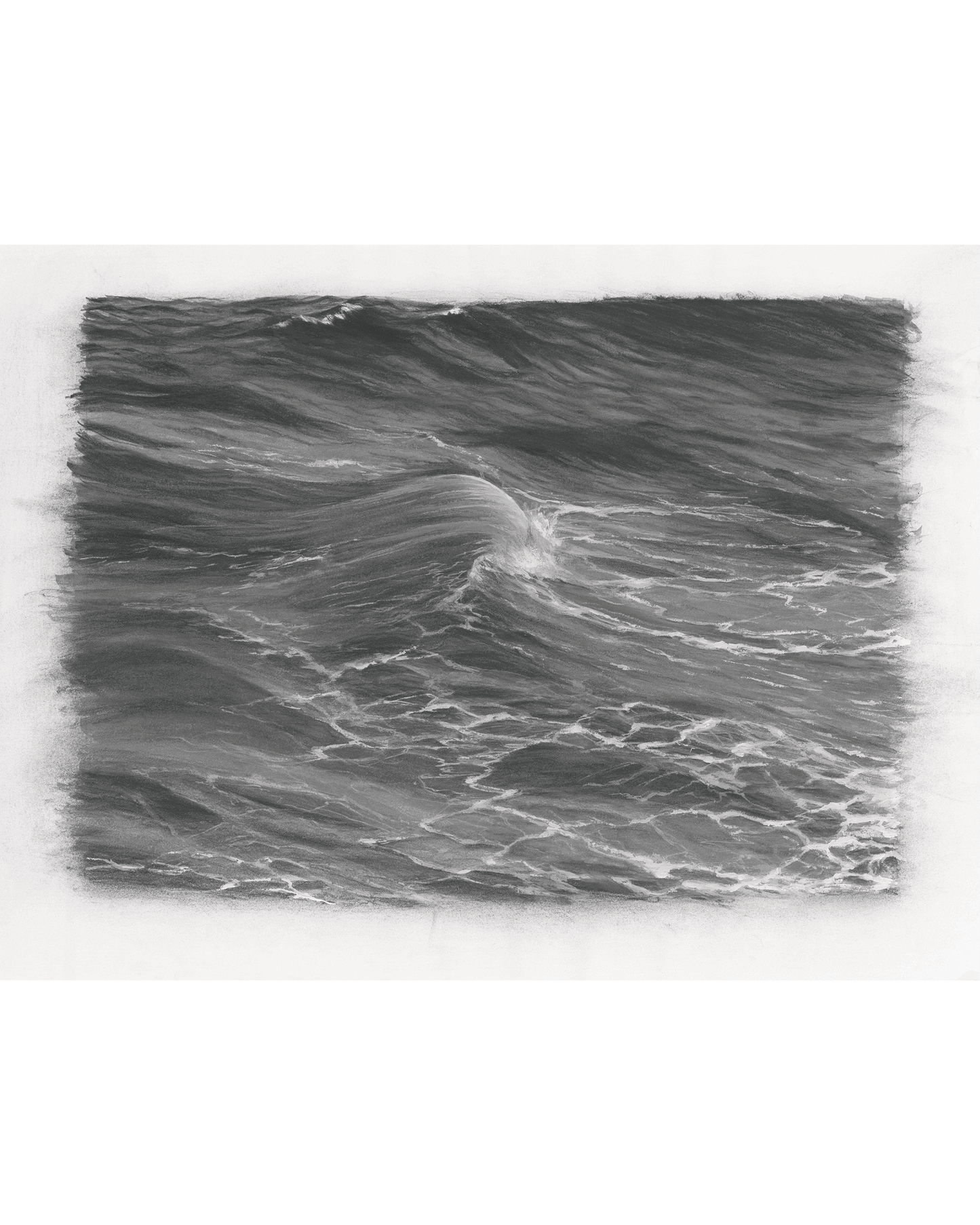 Original art, titled Rise, by Australian artist, Hayley Byron, created with graphite, charcoal, watercolour pencil, and gouache on fine art paper. This drawing is a depiction of the ocean at Tamarama, Sydney, from the viewpoint of the headland cliffs.