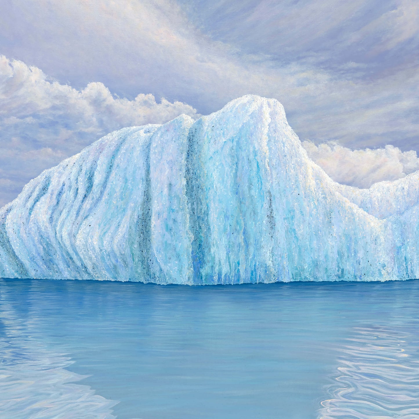 Close-up detail of an original artwork, titled Ametrine, painted in oil on linen, by Australian artist, Hayley Byron. The painting is a depiction of an iceberg, with clouds in the background and water in the foreground.