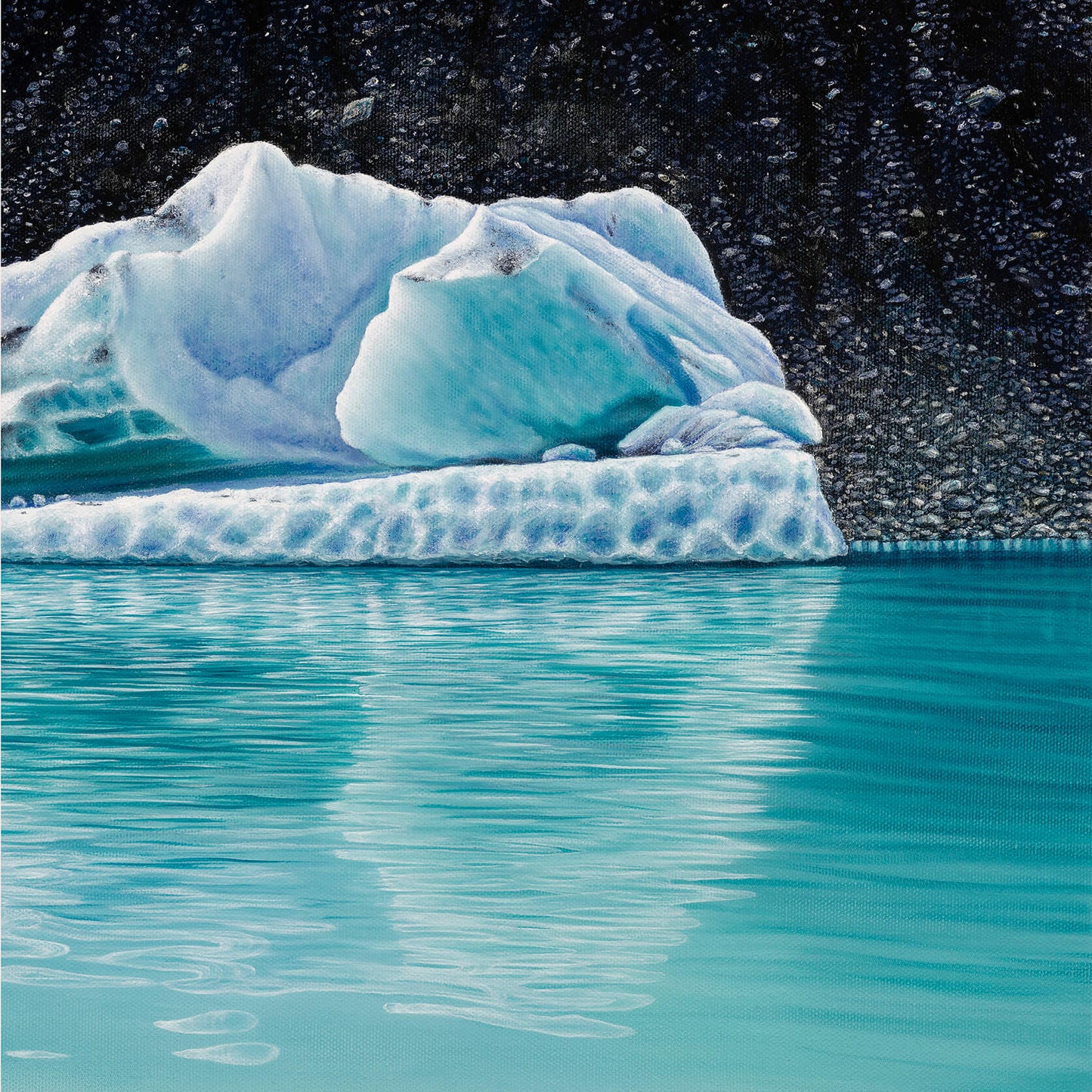 Close-up detail of an original artwork, titled Chrysocolla, painted in oil on canvas, by Australian artist, Hayley Byron. The painting is a depiction of an iceberg, with glacial till in the background, and water in the foreground.
