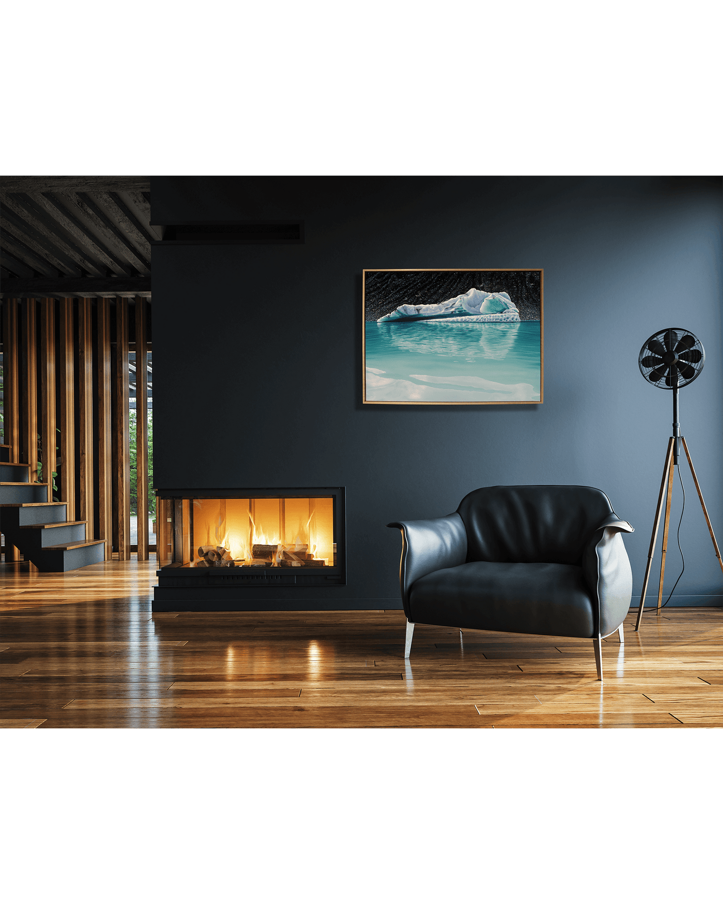 Original art, titled Chrysocolla, painted in oil on canvas, by Australian artist, Hayley Byron. The painting is a depiction of an iceberg, with glacial till in the background, and water in the foreground. This image features the artwork in-situ, on a wall in an interior living room.