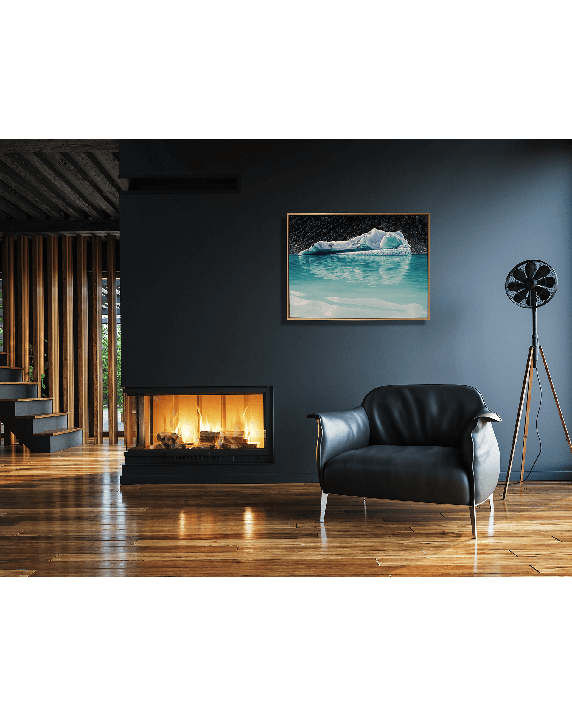 Original art, titled Chrysocolla, painted in oil on canvas, by Australian artist, Hayley Byron. The painting is a depiction of an iceberg, with glacial till in the background, and water in the foreground. This image features the artwork in-situ, on a wall in an interior living room.