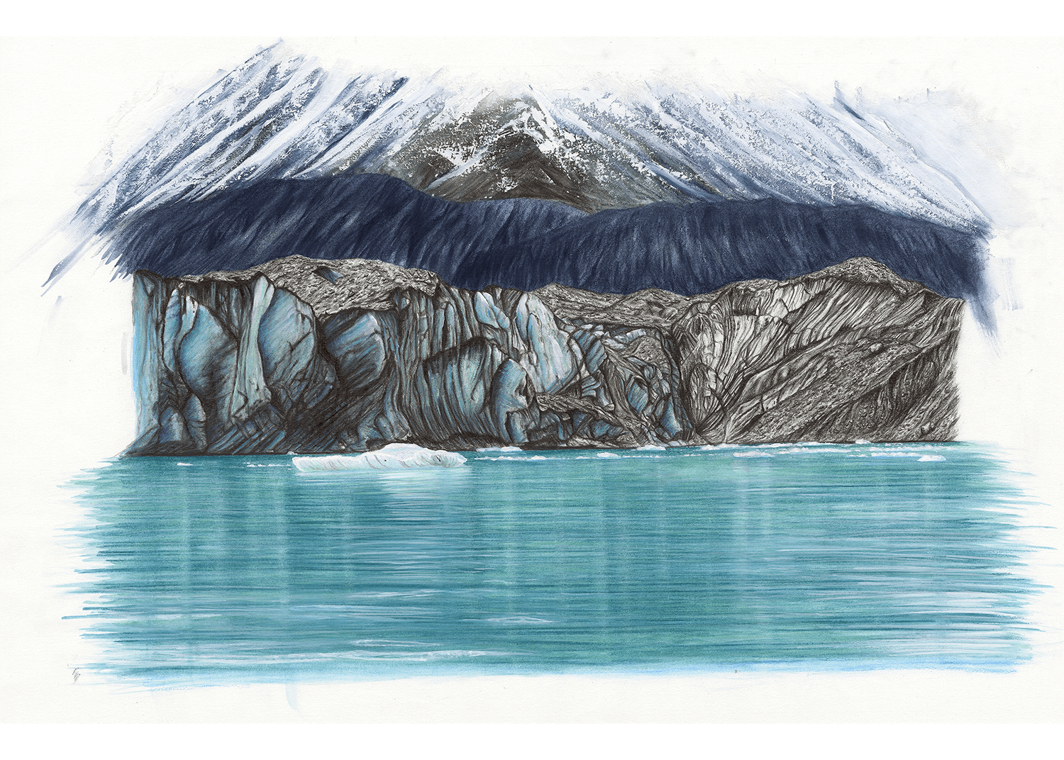 Original art, titled Fragment, by Australian artist, Hayley Byron, created in graphite, watercolour and gouache on fine art paper. The drawing is a depiction of the Tasman Glacier and icebergs.