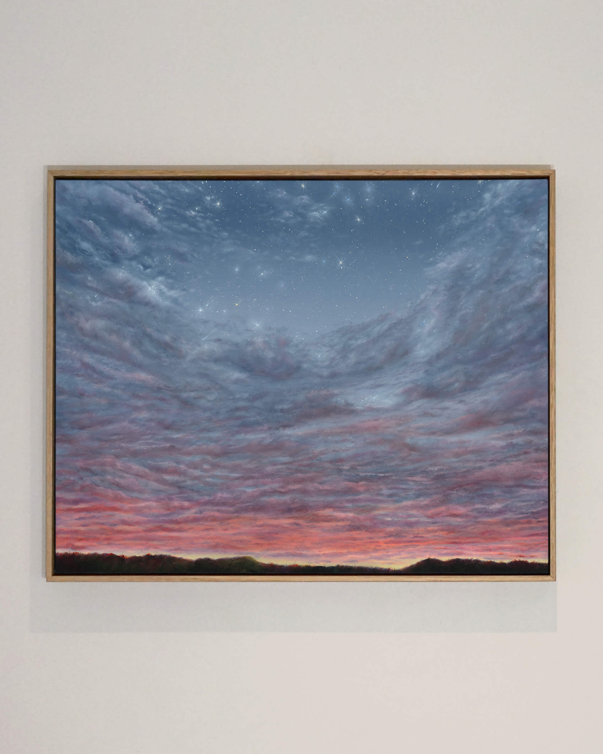 Original art, titled Portal, painted in oil on canvas, by Australian artist, Hayley Byron. The painting is a depiction of a landscape and an evening sky, in Rosalie, Brisbane. This image features the artwork in a custom-made frame.