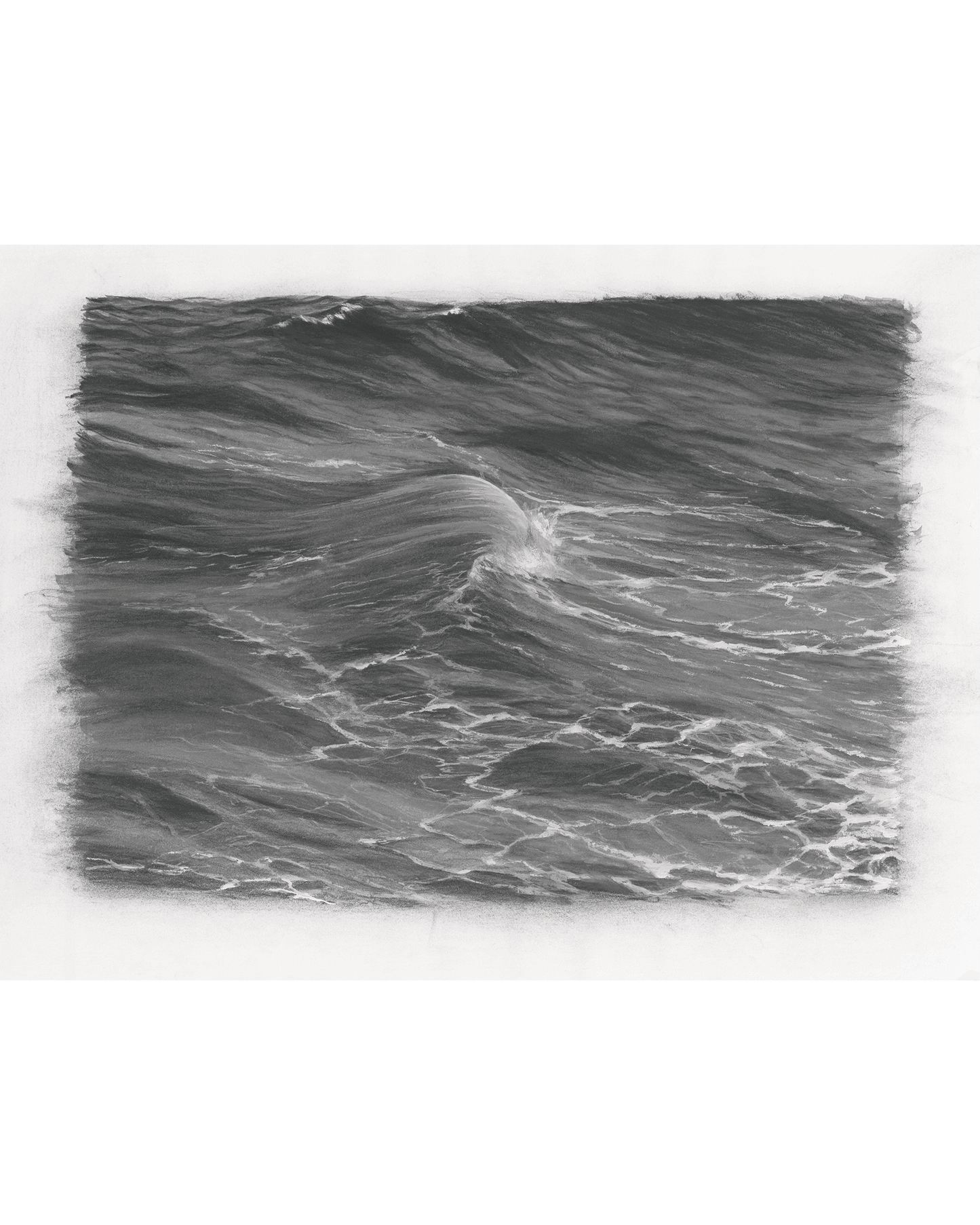 Original art, titled Rise, by Australian artist, Hayley Byron, created with graphite, charcoal, watercolour pencil, and gouache on fine art paper. This drawing is a depiction of the ocean at Tamarama, Sydney, from the viewpoint of the headland cliffs. 