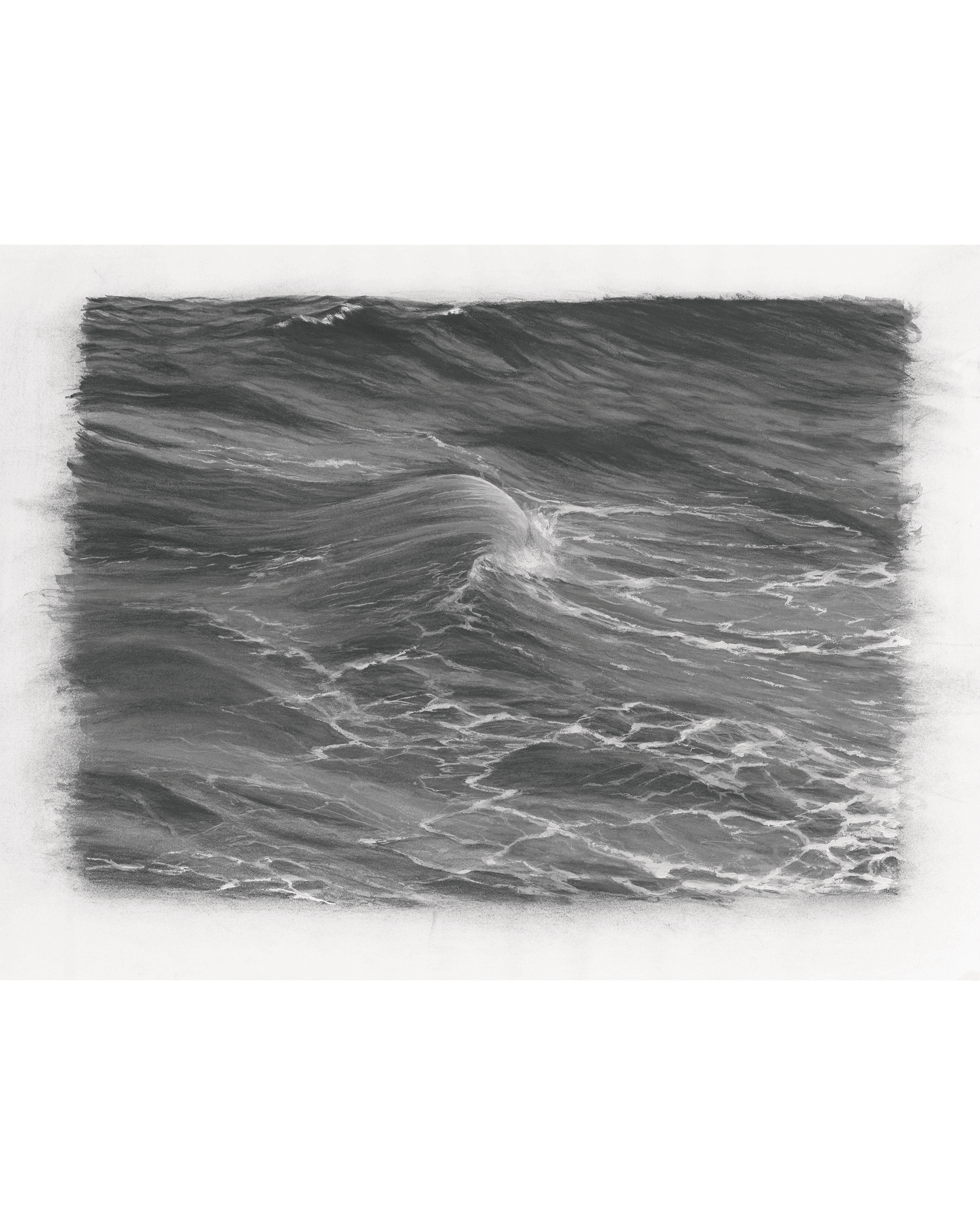 Original art, titled Rise, by Australian artist, Hayley Byron, created with graphite, charcoal, watercolour pencil, and gouache on fine art paper. This drawing is a depiction of the ocean at Tamarama, Sydney, from the viewpoint of the headland cliffs. 